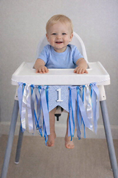 Minia 2 Yaş Doğum Günü Mama Sandalyesi Süsü – Mavi Gümüş Simli “2” Banner – K...