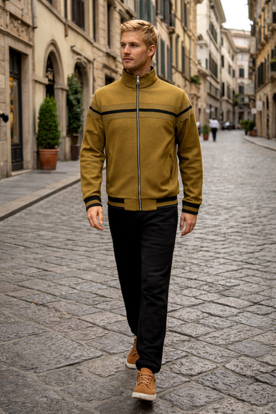 BESSA Tan Color Stand Collar Tracksuit Set with Zipper Pockets, Straight Leg,...