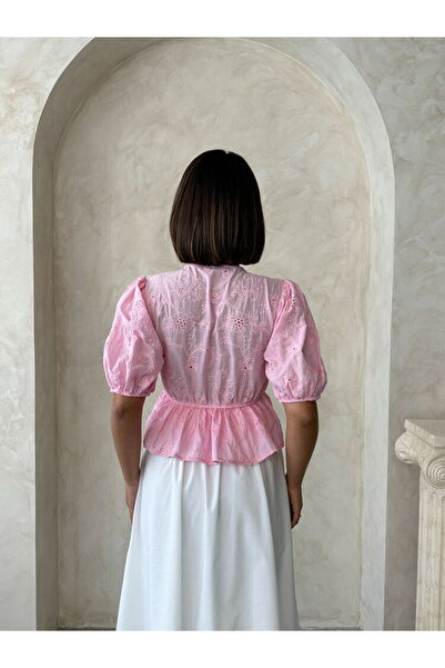 Caddebostan Moda Front-Tie Embroidered Voile Blouse with Scallop Detail and B...