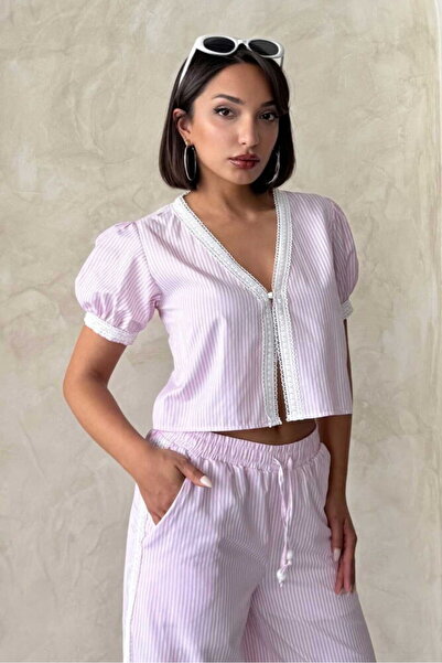 VERYMODA Guipure Detailed Striped Blouse - Pink |   D2868