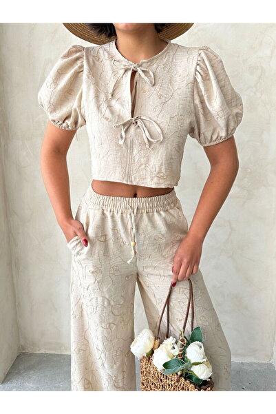 Caddebostan Moda Women's Embroidered Front Tie Balloon Sleeve Crop Blouse