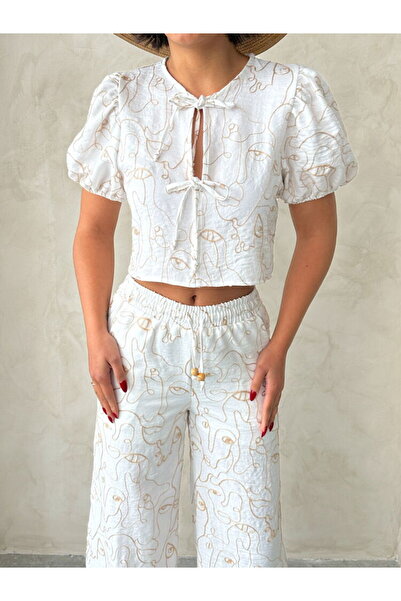 Caddebostan Moda Women's Embroidered Front Tie Balloon Sleeve Crop Blouse