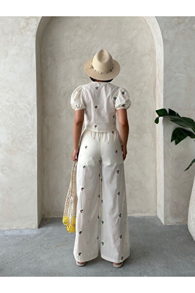 Caddebostan Moda Women's Front Tie Embroidered Balloon Sleeve Crop Blouse