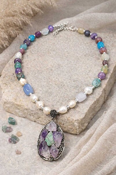 PORSE Blue Chalcedony & Amethyst Pendant Necklace with Real Freshwater Pearl ...
