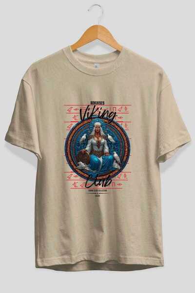 Ankhises Frigg Front Printed Beige Oversize T-Shirt Men Women Cotton Crew Nec...