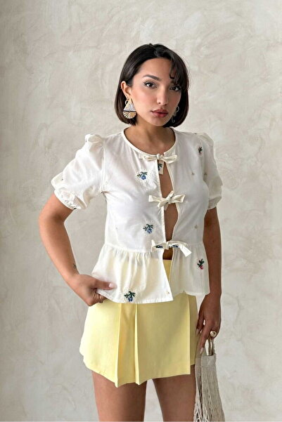 VERYMODA Front-Tie Embroidered Blouse - Taş Topshow |   D2836