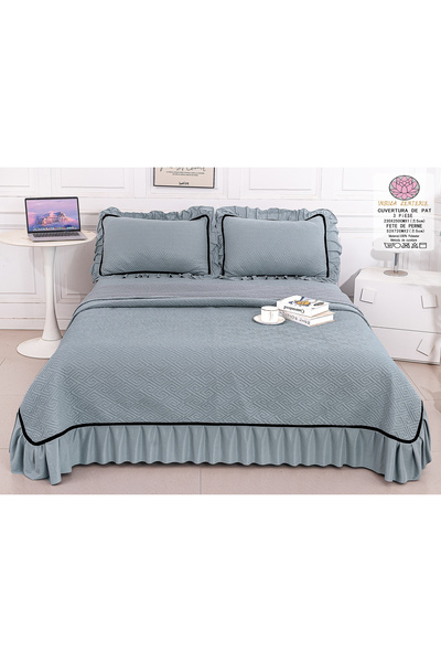 FIONNA.RO 3-Piece Velvet Quilt With Ruffles - Gray