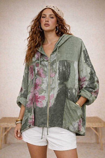 CES.İZ İtalyan Ham Keten Yıkamalı Kapüşonlu Oversize Ceket Fermuarlı Standart...