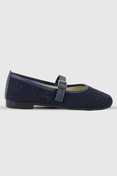 Beshora Ester Navy Blue Tweed Fabric Belt Detail Oval Toe Women's Ballerinas