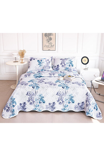 FIONNA.RO Double-Sided Quilted Cotton Blanket - Flowers in Shades of Blue