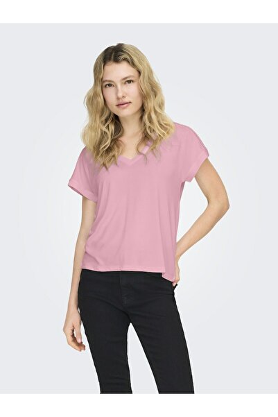 ONLY Women's Pink Onlfree Life S/S V-Neck Lace Top Jrs T-Shirt 15369294-Roman...