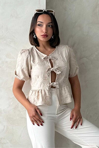 VERYMODA Önden Bağlamalı Nakışlı Bluz - Taş | Gml2788