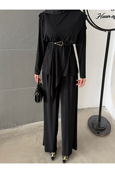 hacer ayaydın Asymmetrical Segmented Belted Sandy Double Set