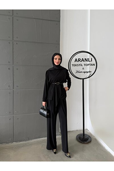 Aranlı tekstil Asimetrik Parçalı Kuşaklı Sandy İkili Takım