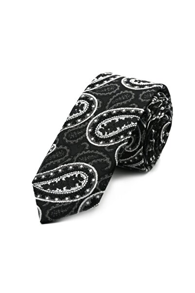 Sade Kravat Black Gray White Shawl Patterned Slim Tie 33031 Black