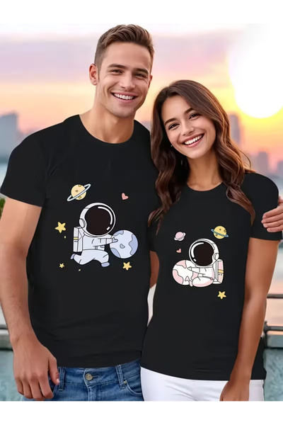 Ciel Lune Evgili Couple T-Shirt Oversize Unisex Astronaut Printed Couple Comb...