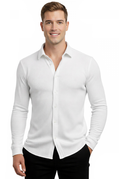DeepSEA White Slim Fit Knitted Fabric Lycra Men's Shirt – Breathable, Flexibl...