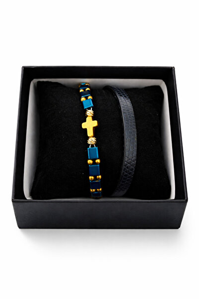Handmade Double python Leather bracelet with blue hematite and cruciformite