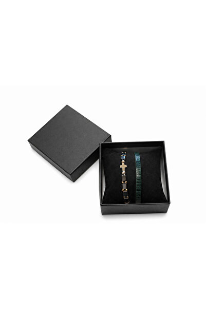 Handmade Bratara dubla din piele de piton cu hematit albastru si cruciulita