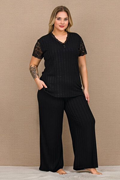 Viselya dantelă Set de pijamale negre, mărime mare, cu detalii