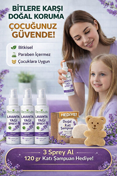 DERMASTUDİO Doğal Bit Koruyucu Lavanta Spreyi 3x100 ml + 120 gr Katı Şampuan ...