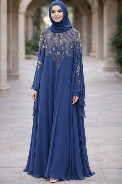 Luma Decor Şifon Taş İşlemeli Pelerinli Şık Ferace Abaya