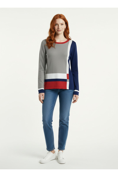 Neden Tekstil Gray Navy Blue Geometric Color Block Knitwear Sweater