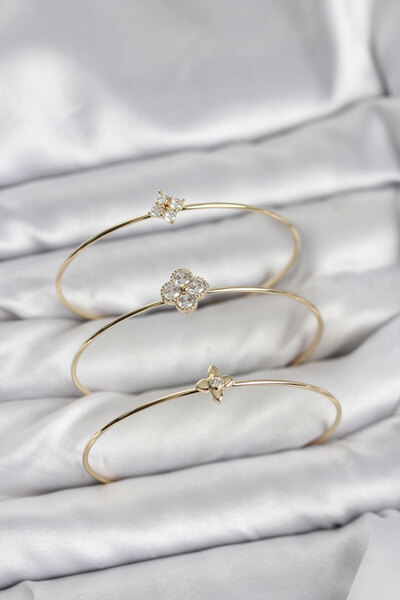 Lisinya Zircon Stone Gold Color Clover Design 3-Piece Women's Bracelet Combin...