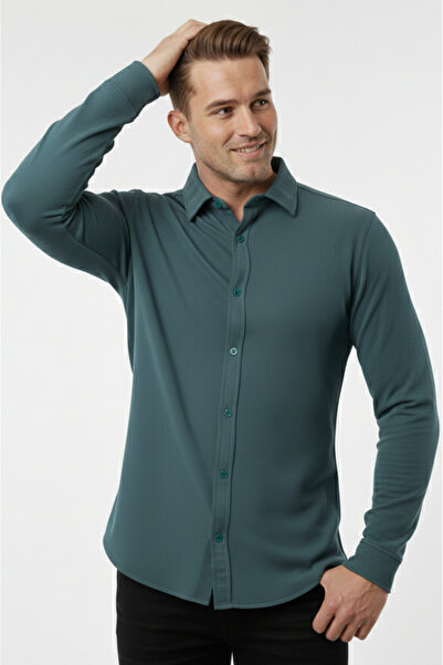 DeepSEA Green Slim Fit Knitted Fabric Lycra Men's Shirt – Breathable, Flexibl...