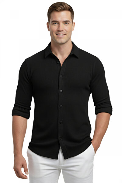 DeepSEA Black Slim Fit Knitted Fabric Lycra Men's Shirt – Breathable, Flexibl...
