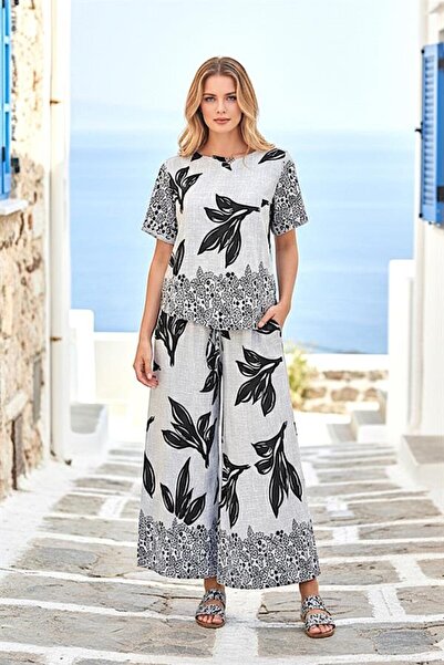 MODANI SEÇ Gray Patterned Boat Neck Elastic Waist Pocketed Wide Leg Two-Piece...