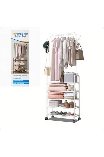 AMRIS 60x29x1.70cm Metal Organizer Cabinet on Wheels, with Clothes Rail and 5...