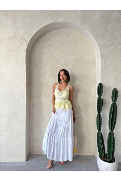 Caddebostan Moda Women's Guipure Detailed Strappy Bohemian Blouse with Tassel...