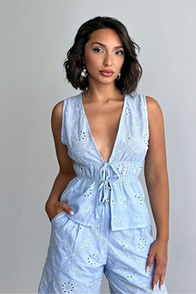 VERYMODA Front Tie Embroidered Voile Blouse - Blue |   D2911