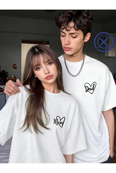 Ciel Lune Mom Dad Baskılı Sevgili Kombini Çift Tişört Oversize Unisex Minimal...