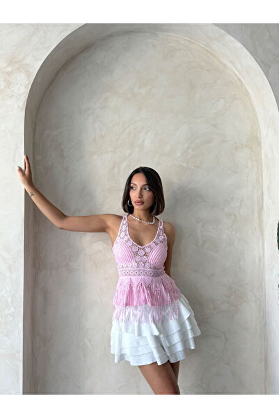 Caddebostan Moda Women's Guipure Detailed Strappy Bohemian Blouse with Tassel...