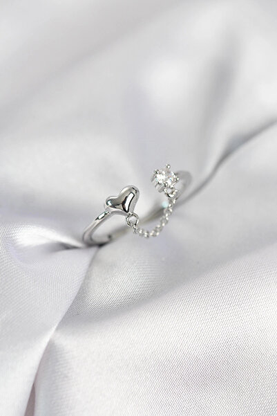 Butik Zincir Sallantılı Kalp Model Gümüş Renk Kadın Yüzük