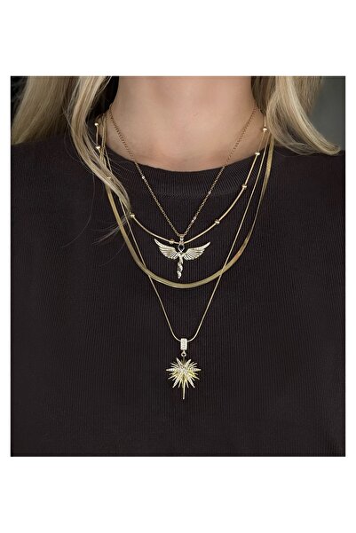 PALICE Melek ve Kutup Yıldızı Çelik Gold 4'lü Kombin Çelik Kolye Seti