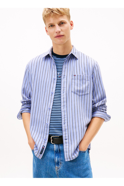 Tommy Jeans Regular Fit Mavi Çizgili Erkek Gömlek DM0DM22406C5X Mavi Gömlek