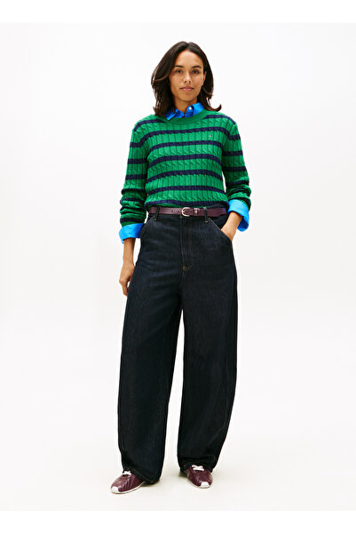 Tommy Hilfiger Yuvarlak Yaka Standart Çizgili Lacivert - Yeşil Kadın Kazak CO...