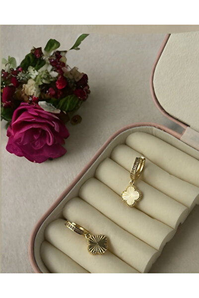 IrisAndCo VIP Zirkon Taşlı Halka Ucunda Sallantılı Gold Yonca Küpe