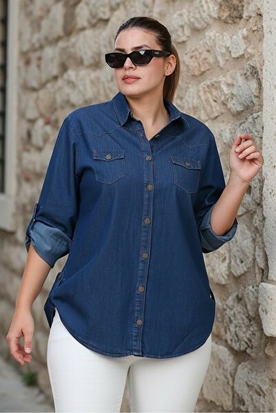 FOR ESRA BIG TREND Women's Plus Size Folded Small Flap Pocket Woven Buttoned ...