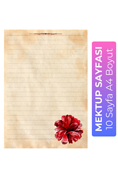 Organik Yolda Kırmızı Sulu Boya Gül Detaylı Mektup Kağıdı (10 Adet A4 Boyut)