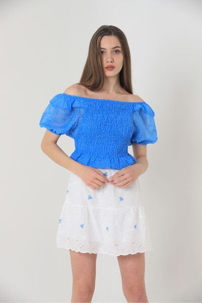 Caddebostan Moda Floral Embroidered Mini Skirt with Scallop Detail