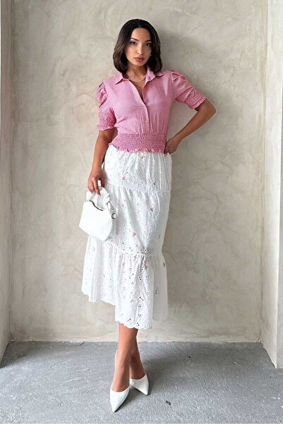 Caddebostan Moda Floral Embroidered Scallop Detailed Layered Long Bohemian Skirt