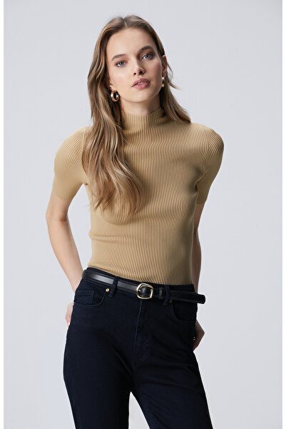 Network Camel İnce Ribana Örgü Dik Yaka Rayon Yarım Kol Basic Kazak