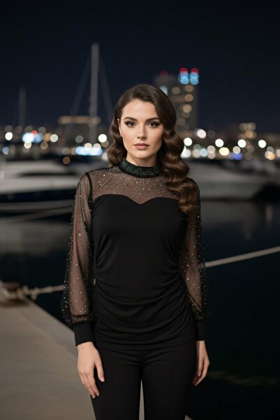 Mossta Turtleneck Stoned Sandy Blouse - Black