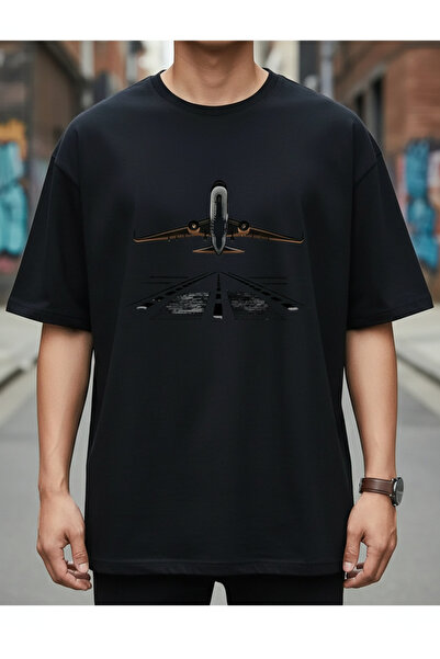 LOTS MODA Uçak Baskılı Siyah Unisex Tişört %100 Pamuk Oversize Havacılık Temalı T-Shirt