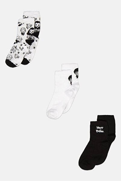 Harry Potter Women 3 Pairs Embroidered Ankle Sock, Black/White