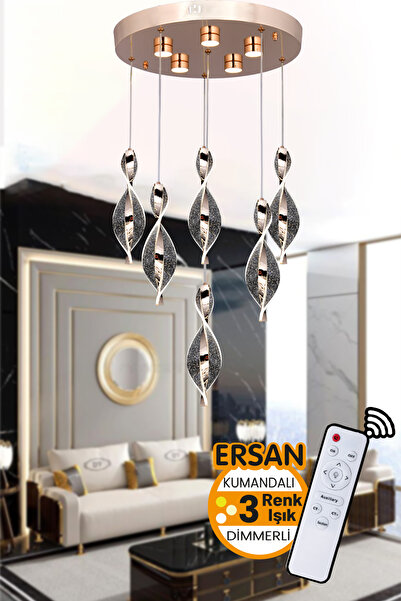 Ersan Avize Luna 6'li Gold Kumandalı 3 Renk Işık Özellikli Dimmerli Modern Sa...